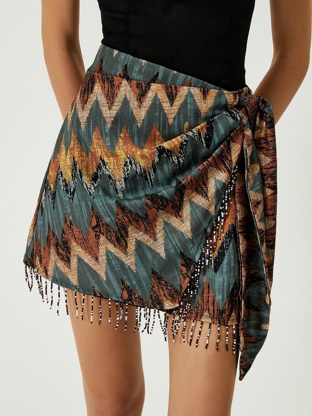 Summer Festival Wrap Mini Tassel Knot Skirt Zigzag Tribal Print